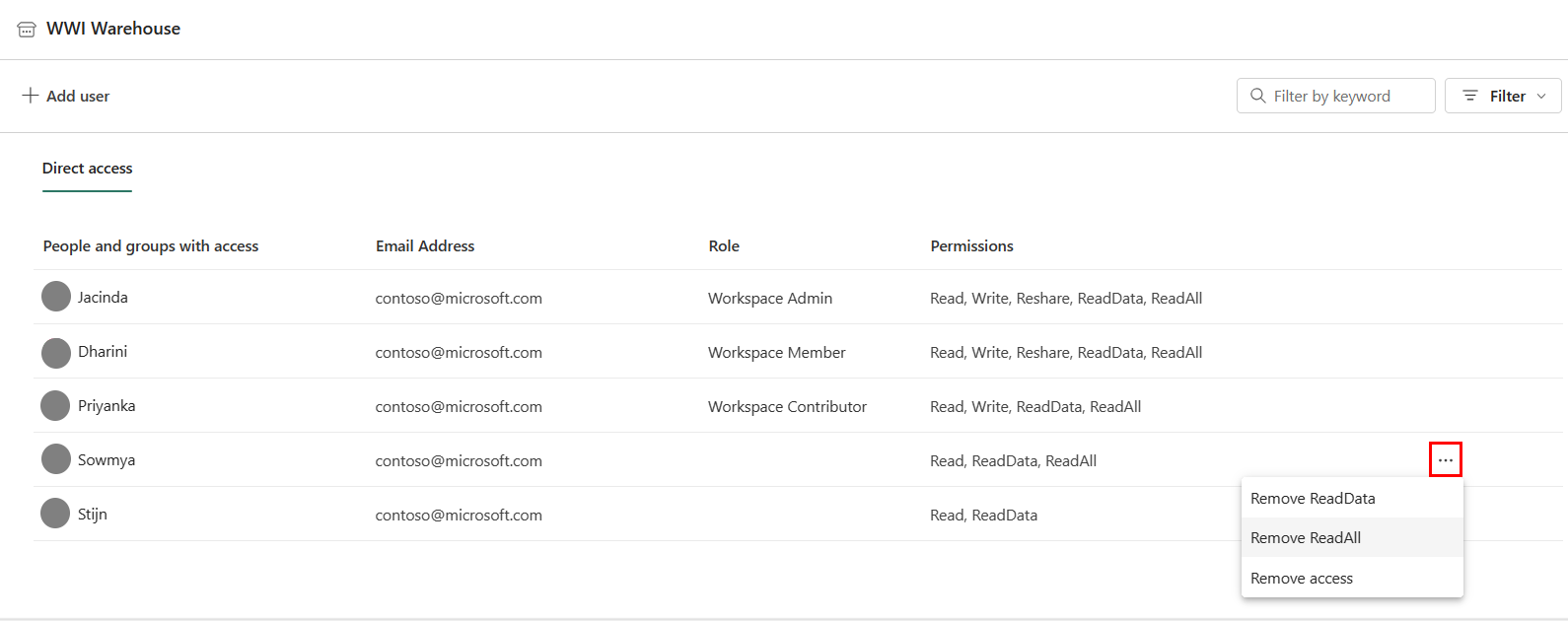 Screenshot showing a user removing the ReadAll permission of a shared recipient.