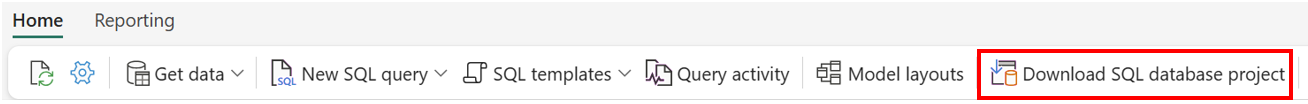 Screenshot from the Fabric portal of the query ribbon. The Download SQL database project box is highlighted.