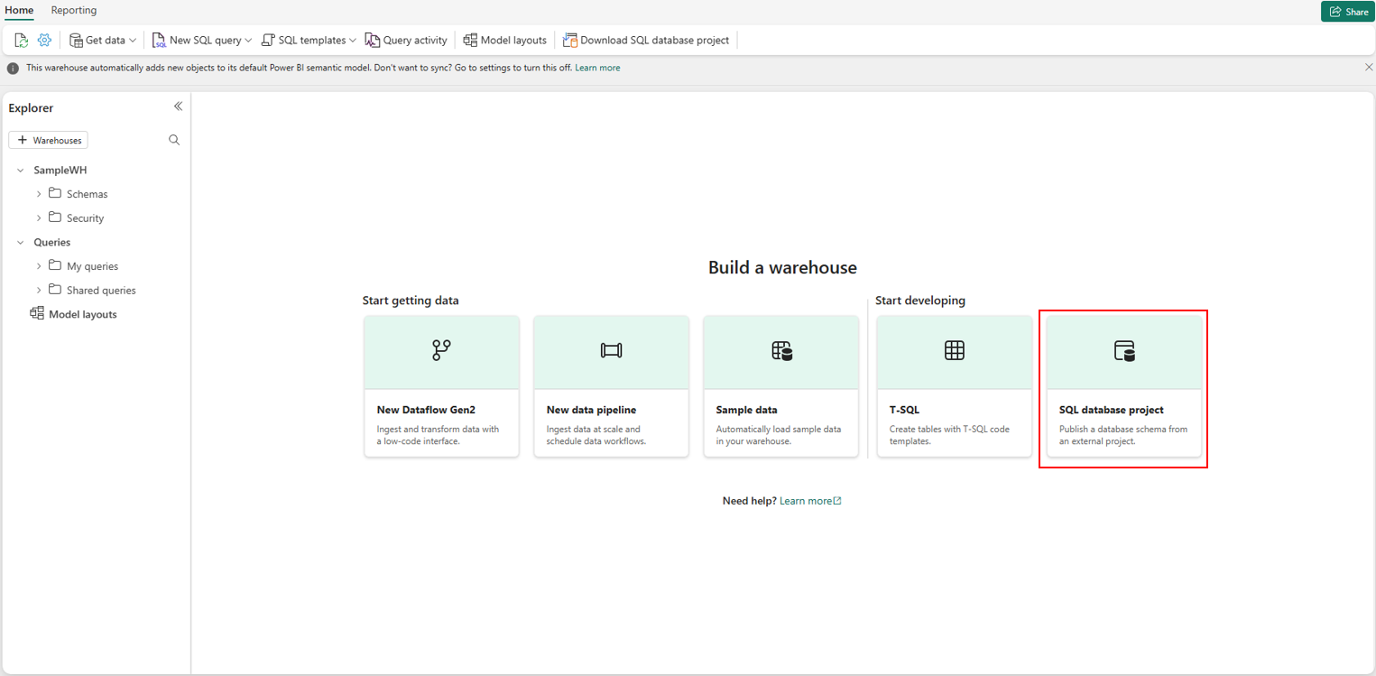 Screenshot from the Fabric portal of the SQL database project button.
