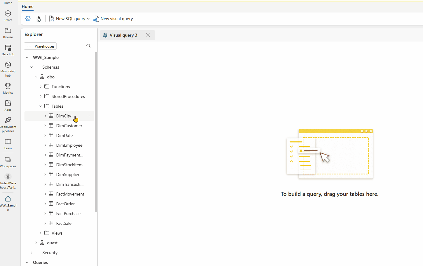 Animation of the results of a sample query to merge two tables using the visual query editor.