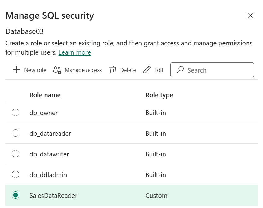 Screenshot from the Fabric portal of the button to manage SQL security page.