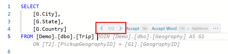 Screenshot from the query editor showing the dimmed text and the selector for multiple selection options.
