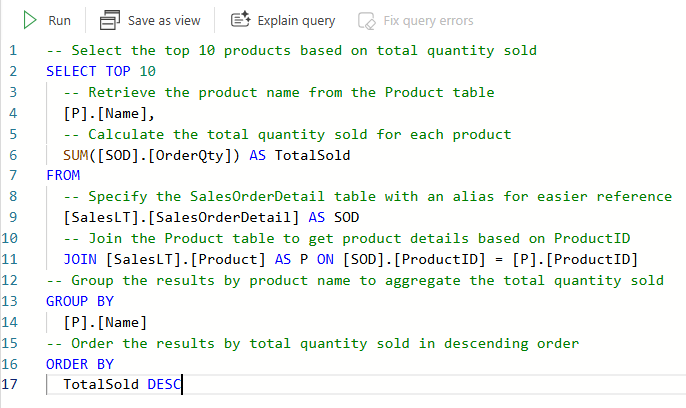 Screenshot from the Fabric portal showing comments added by Copilot in the T-SQL code.