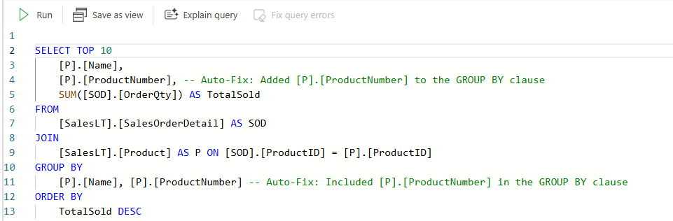 Screenshot from the Fabric portal showing comments added by Copilot to the T-SQL query.