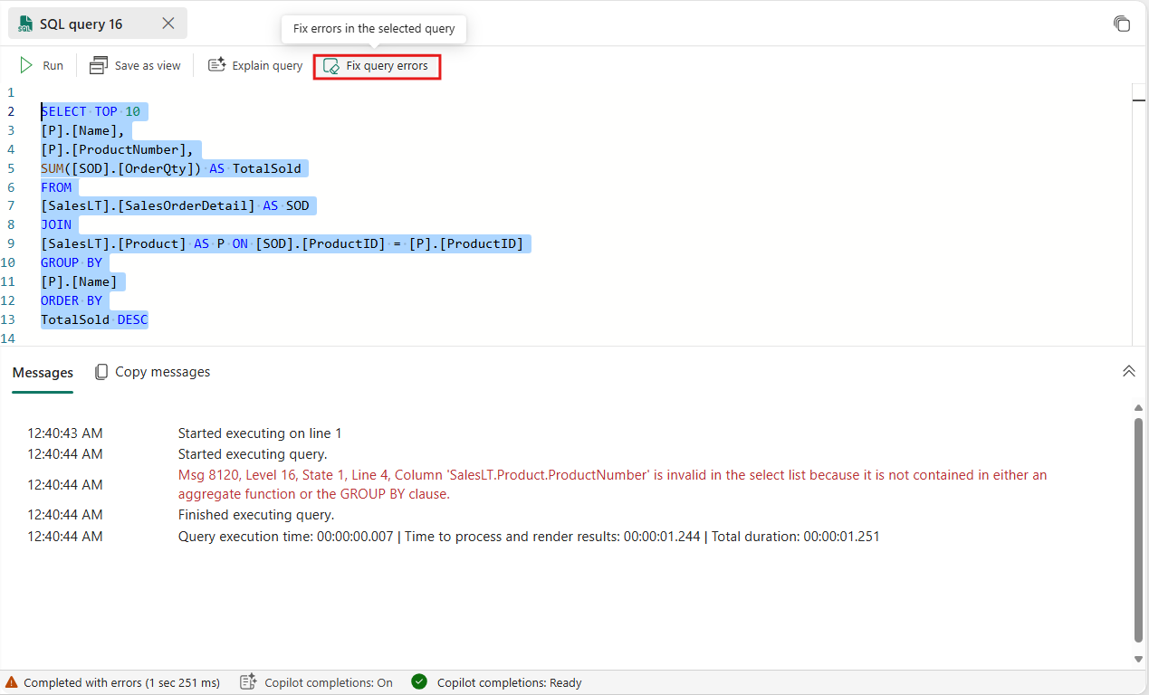 Screenshot from the Fabric portal showing the Fix quick action and a T-SQL query with an error.