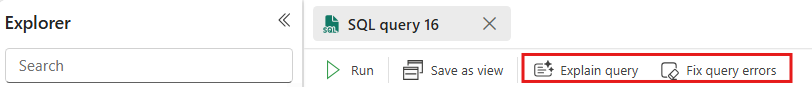 Screenshot from the Fabric portal showing the Explain and Fix toolbar above a new empty SQL query tab.