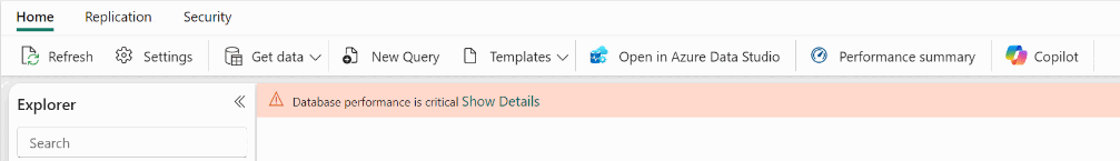Screenshot from the Fabric portal showing a performance alert.