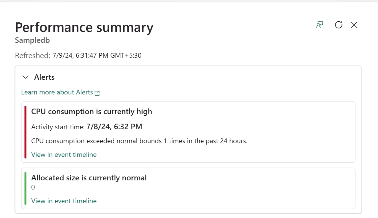 Screenshot from the Fabric portal showing a summary of recent alerts.