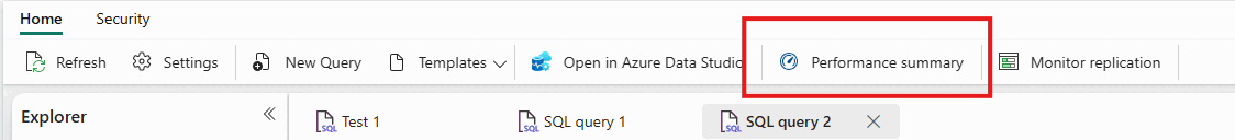 Screenshot from the Fabric SQL Editor highlighting the Performance summary button in the Home toolbar.
