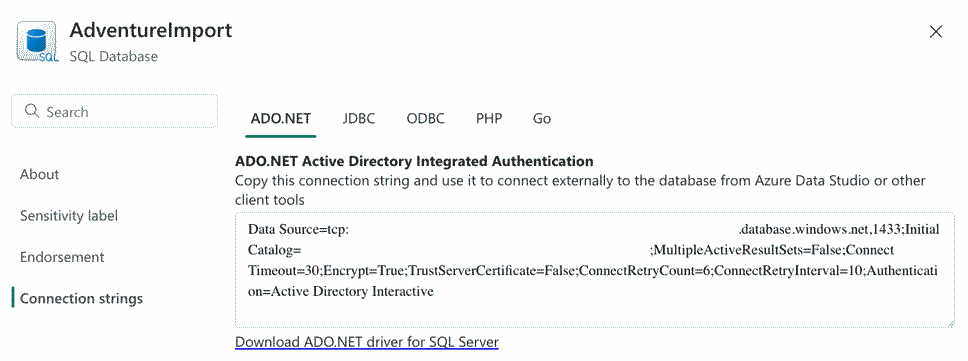Screenshot from the Fabric portal showing the Connection strings page of the SQL database.