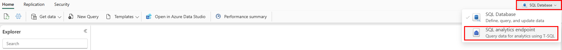 Screenshot shows the drop-down list to switch from the SQL database to the SQL analytics endpoint view.