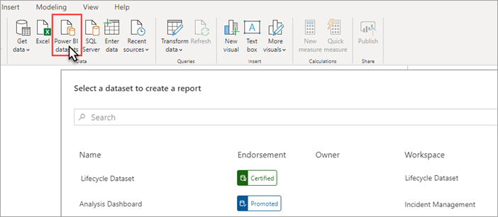 Screenshot of the Power BI Desktop, Power BI semantic models is highlighted in the ribbon. The select semantic model dialog is in the main pane.