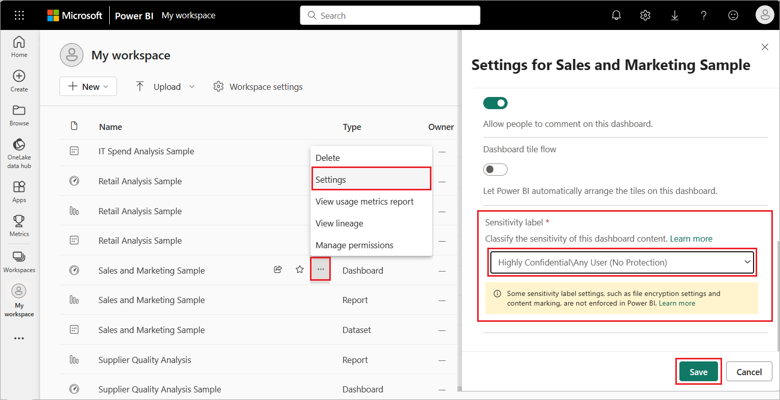 Screenshot that shows how to set the sensitivity label for a dashboard.
