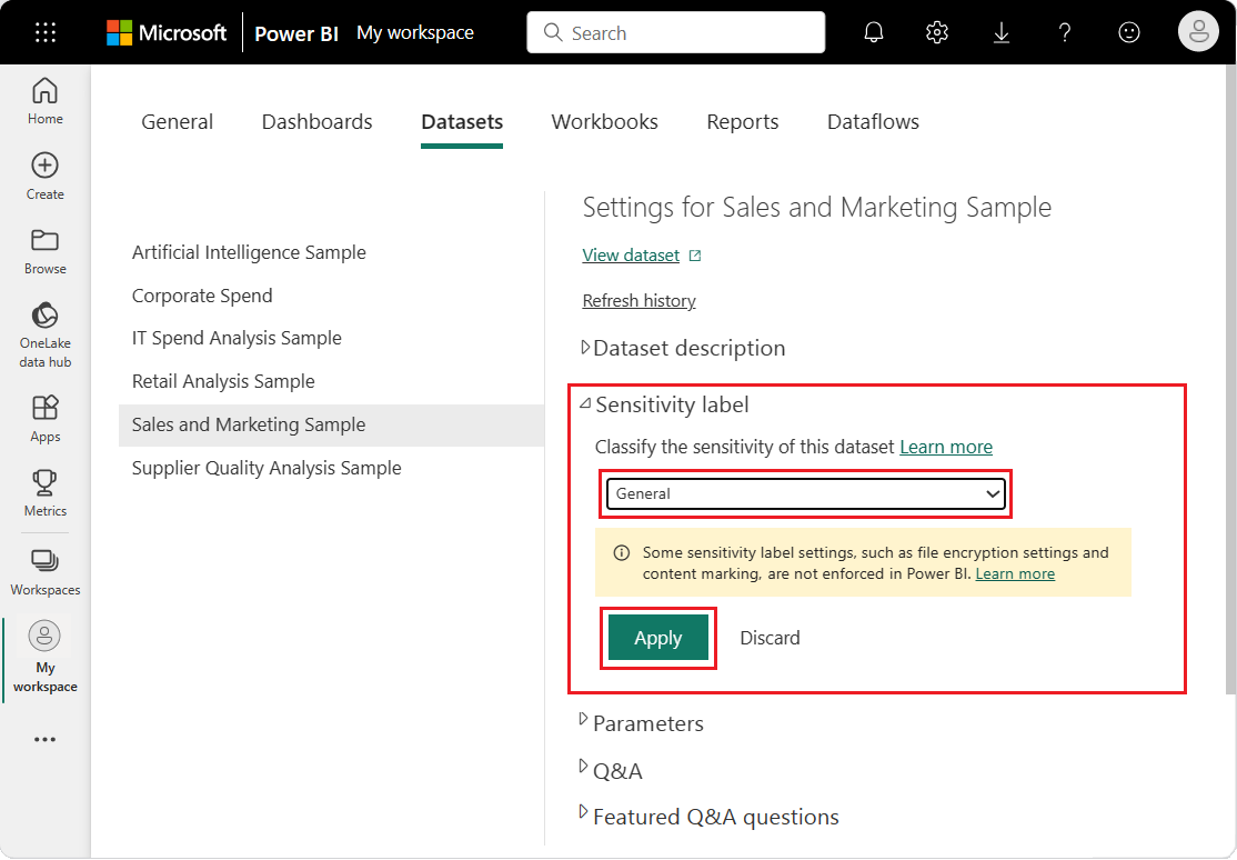 Screenshot that shows how to set the sensitivity label for a semantic model.