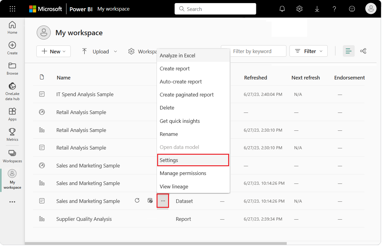 Screenshot that shows how to open the settings for a semantic model.