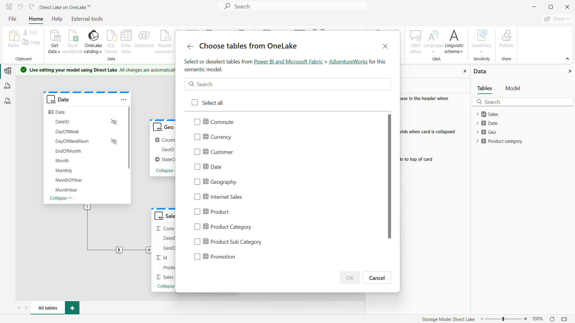 Screenshot of Power BI Desktop when adding tables in Direct Lake storage mode.