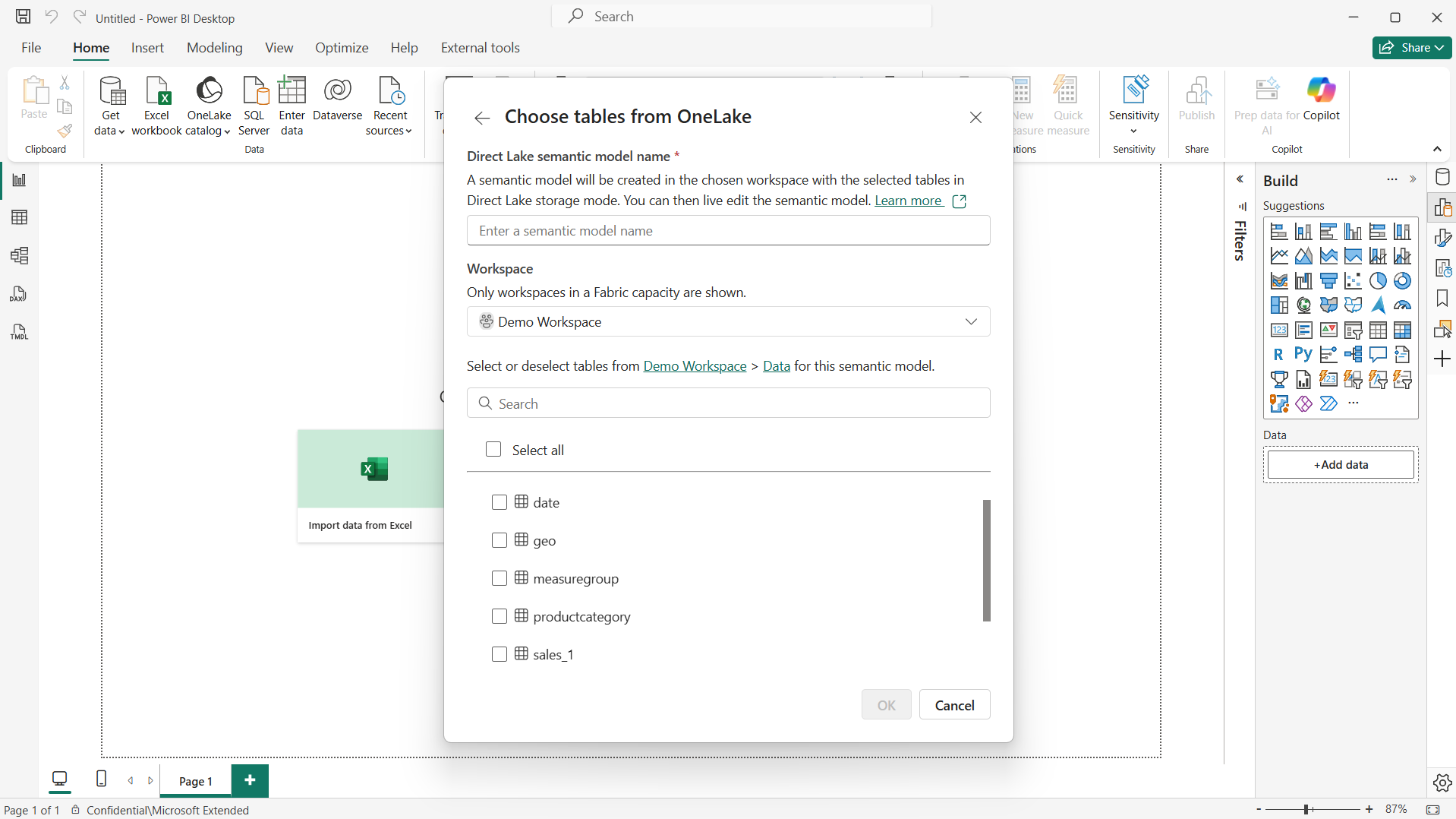 Screenshot of Power BI Desktop when creating a semantic model with tables in Direct Lake storage mode.