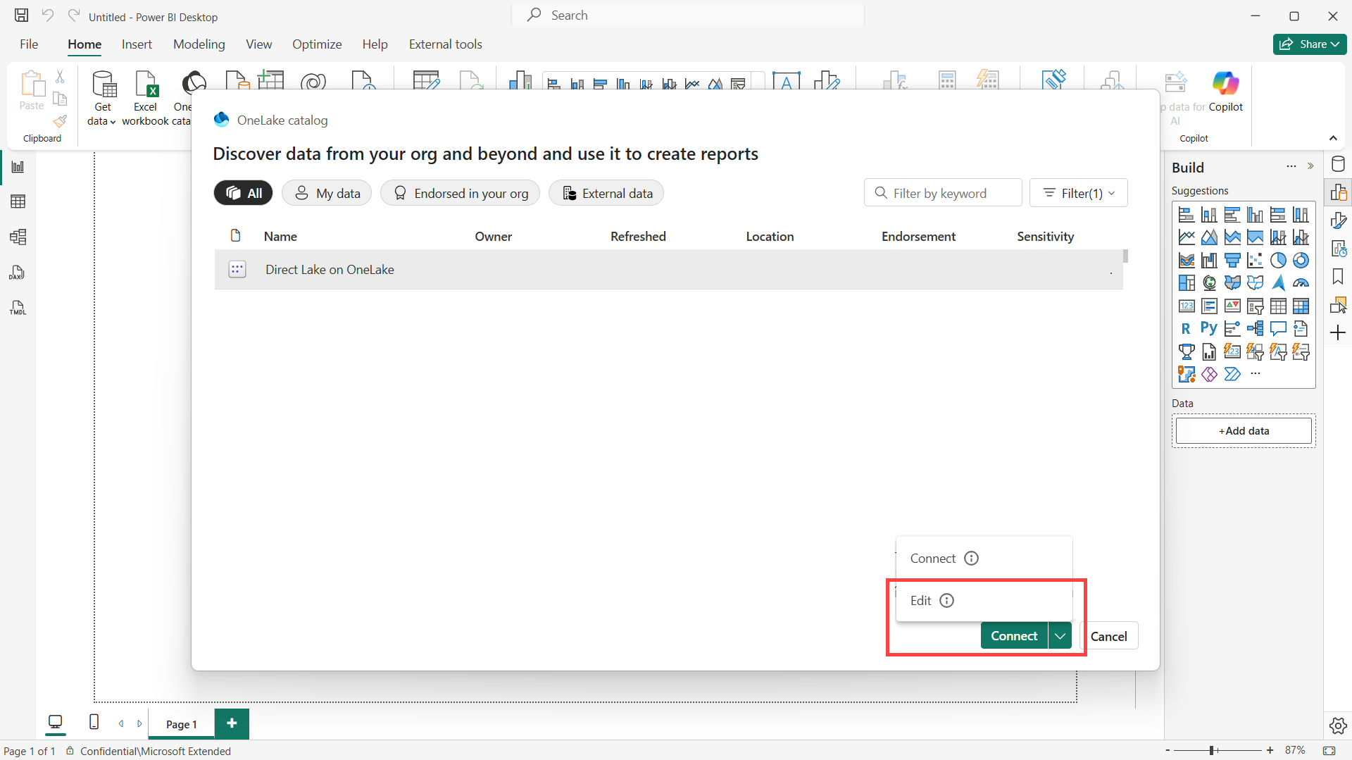 Screenshot of Power BI Desktop when editing a semantic model with tables in Direct Lake storage mode later.