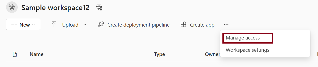 Screenshot of entry of manage access in More options menu in workspace page.