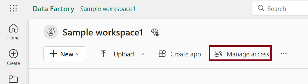 Screenshot of entry of manage access in command bar of workspace page.