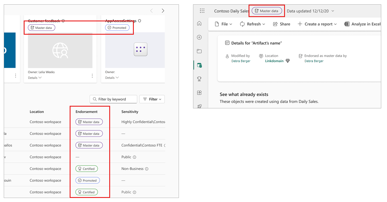 Screenshot showing how endorsed items appear in the product.