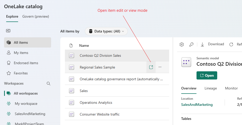 Screenshot of an item's open icon in the OneLake catalog.