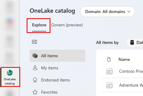 Screenshot showing how to open the OneLake catalog.