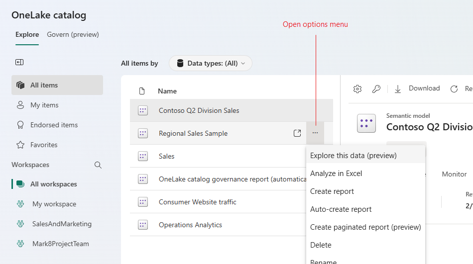 Screenshot of an item's option menu in the OneLake catalog.