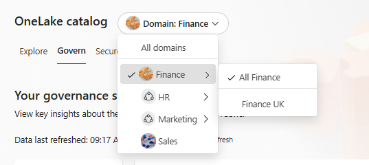 Screenshot showing how to select a domain in the OneLake catalog.