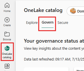 Screenshot showing how to open govern tab in the OneLake catalog.