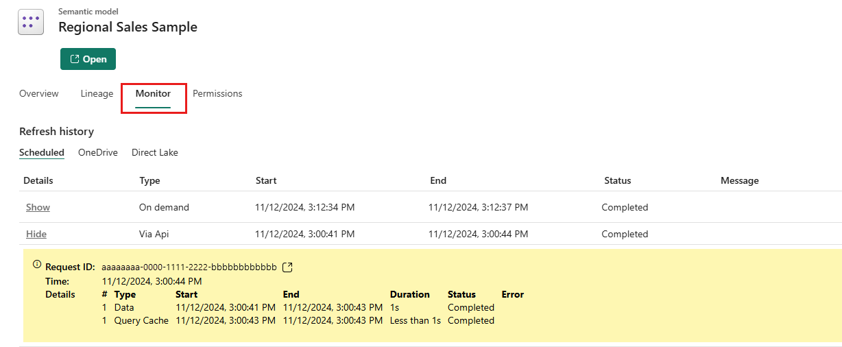 Screenshot of the explore tab item view monitor tab.