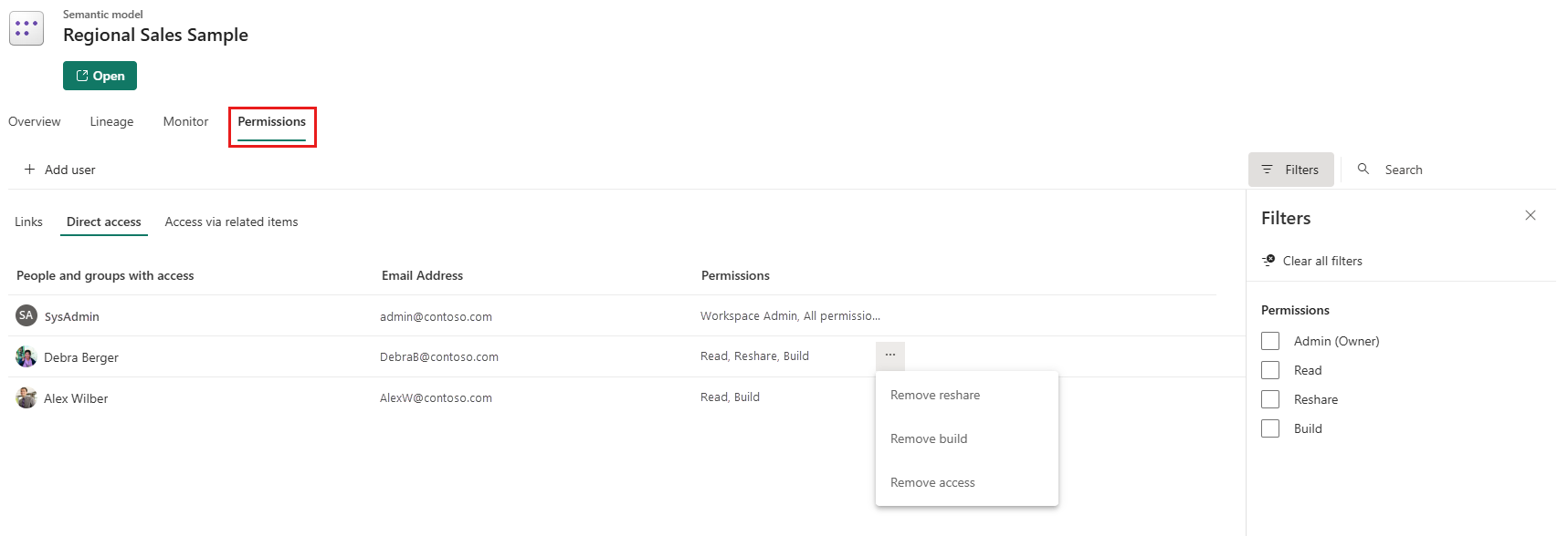 Screenshot of the explore tab item view permissions tab.