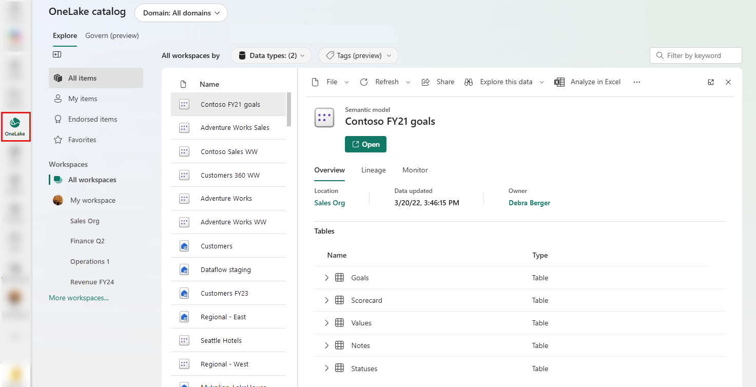 Screenshot showing the OneLake catalog.