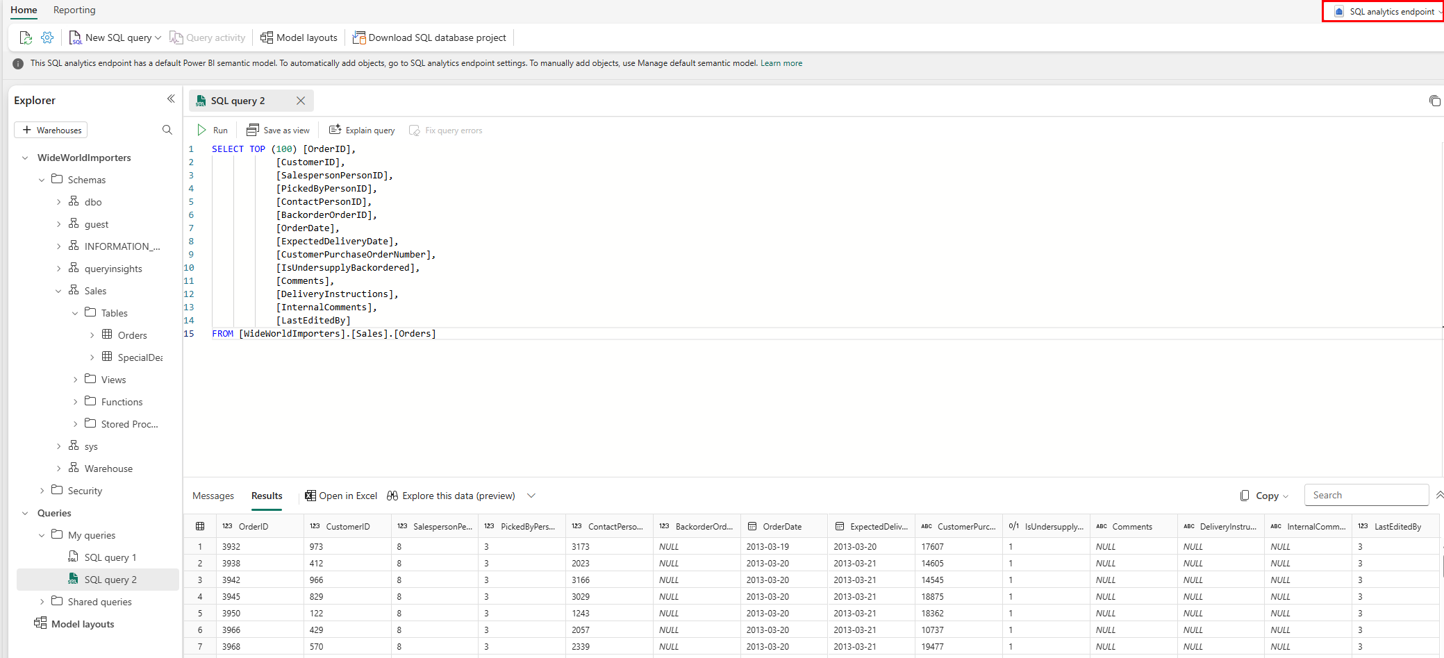 Screenshot of querying data in a mirrored SQL Server database with the SQL analytics endpoint.