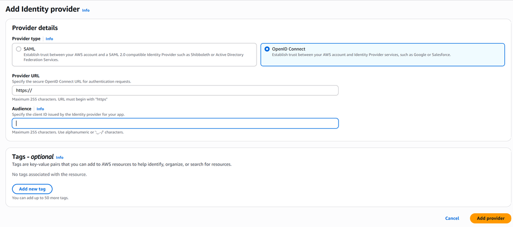 Screenshot showing how to add an identity provider in AWS IAM.