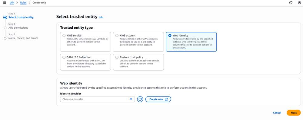 Screenshot showing how to create a role in AWS IAM.