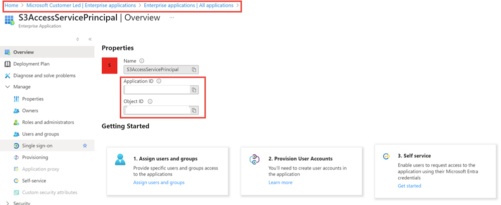 Screenshot showing how to get Microsoft Entra application and object ID.