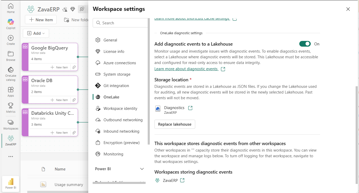 Screenshot that shows OneLake diagnostics having been configured.