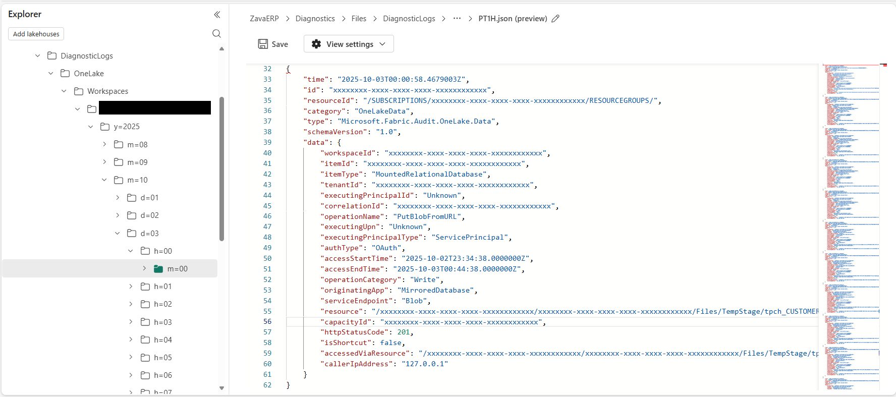 Screenshot that shows OneLake a Lakehouse containing diagnostics events as JSON.