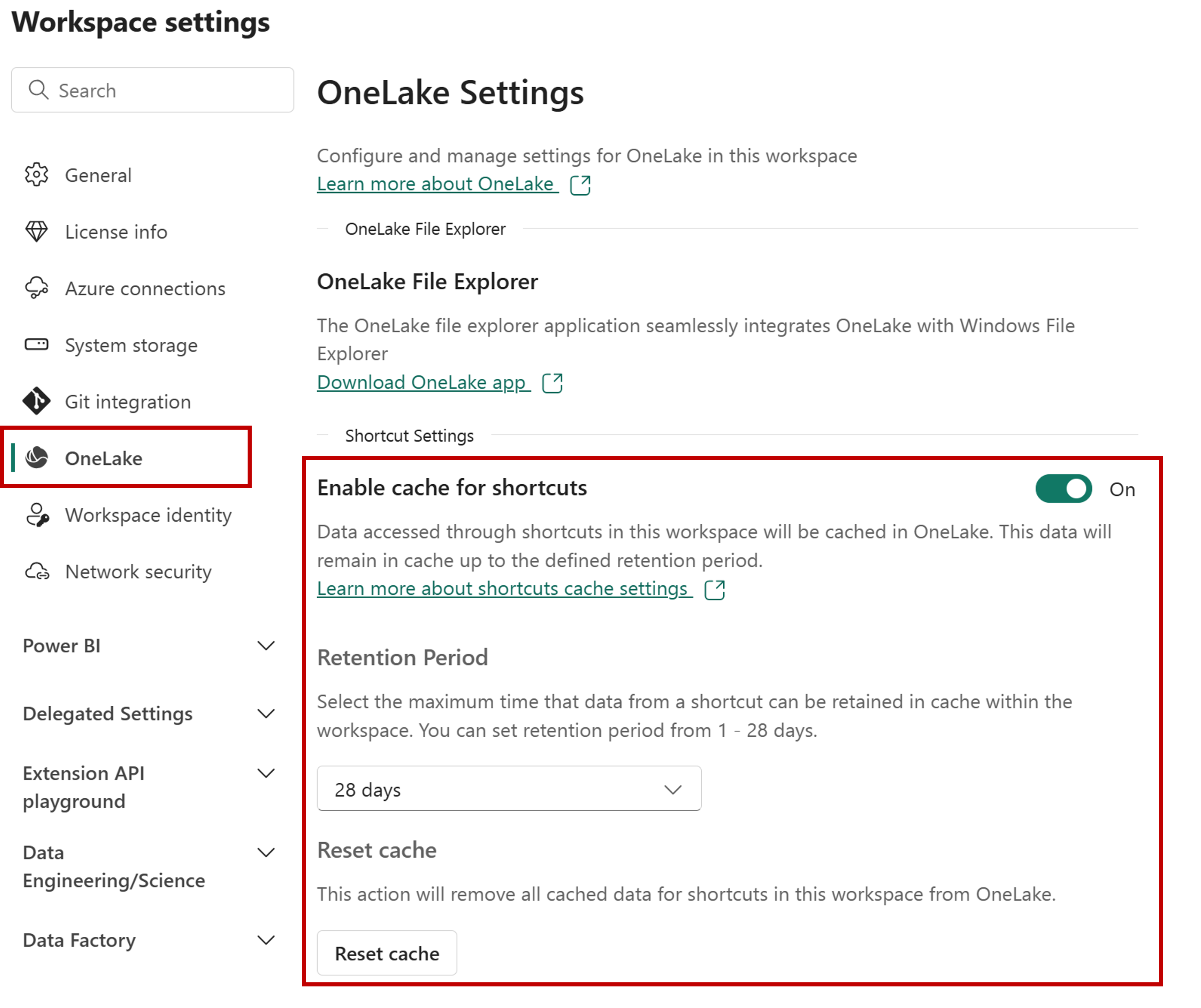Screenshot of workspace settings panel with OneLake tab selected.