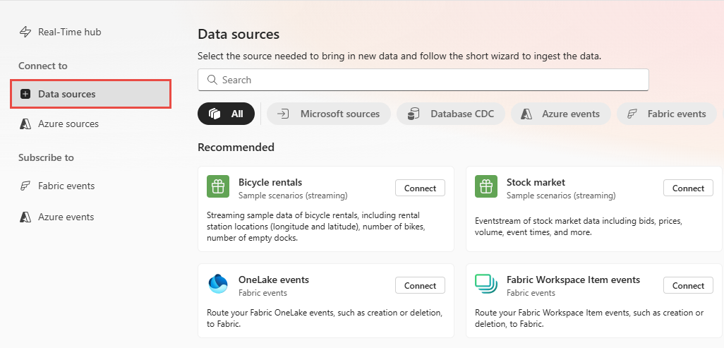 Screenshot that shows the Data sources page in the Real-Time hub.