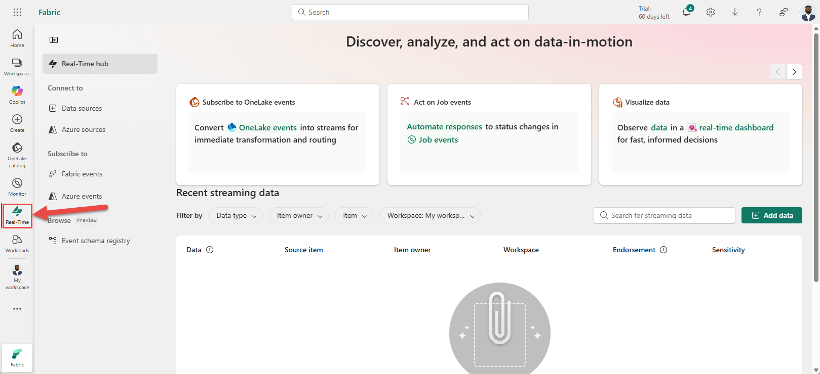 Screenshot that shows how to launch Connect to data source experience.