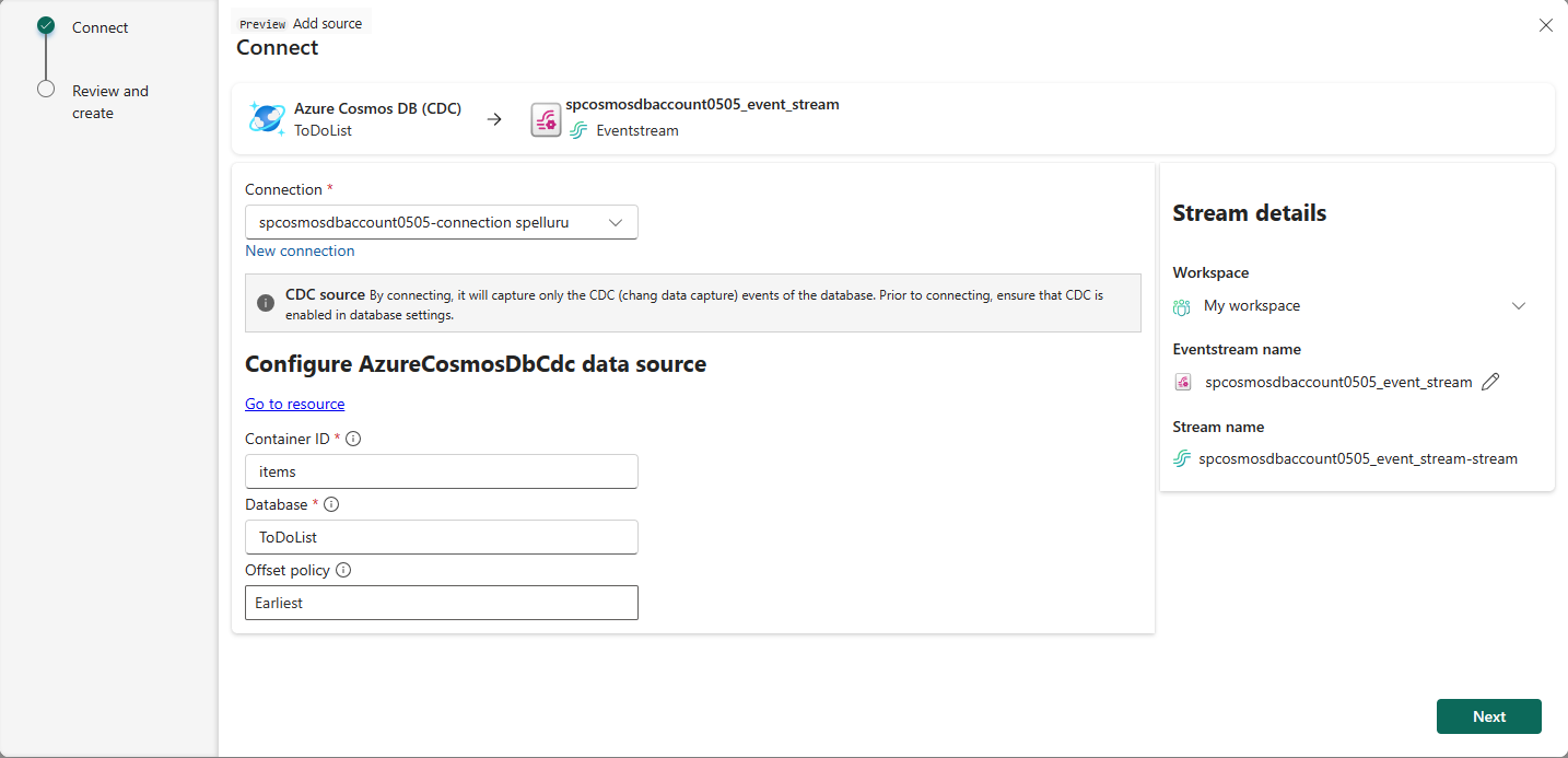 Screenshot that shows the filled Add source wizard Connect page.