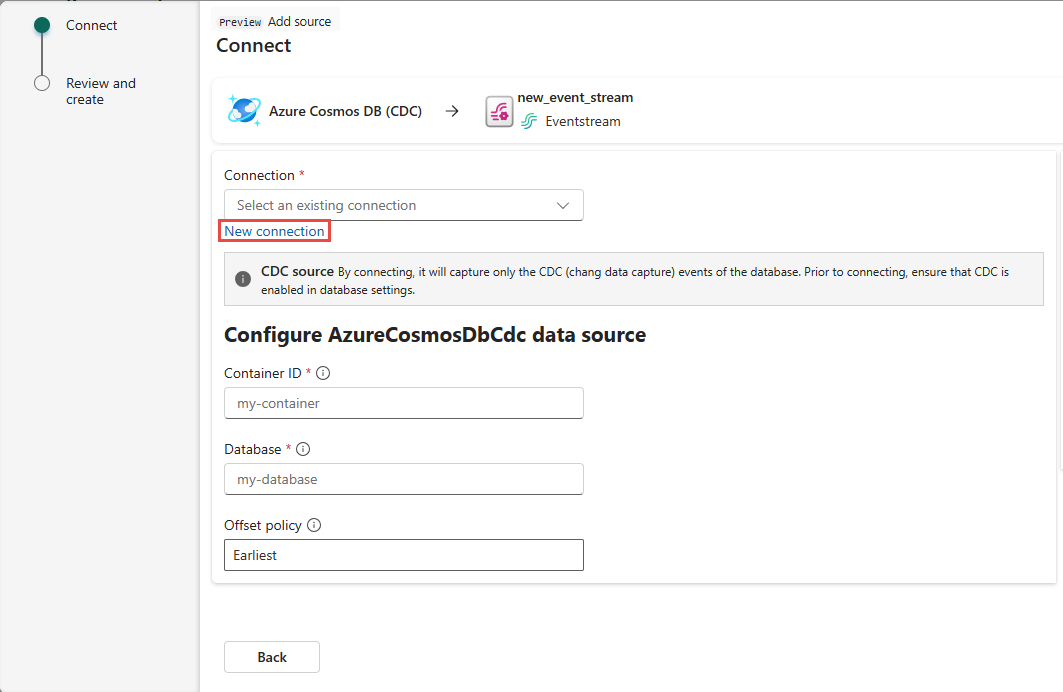 Screenshot that shows the Add source wizard Connect page. with the **New connection** link highlighted.
