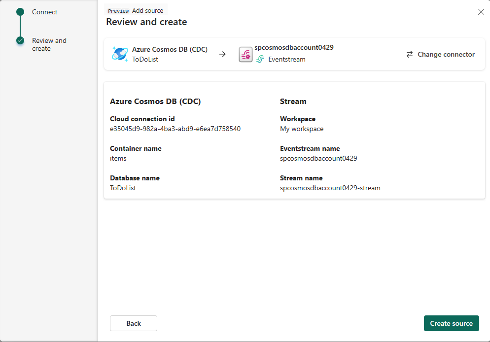 Screenshot that shows the filled Add source wizard Review + connect page.