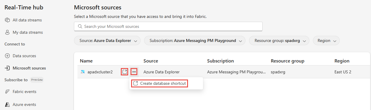 Screenshot that shows the Create database shortcut menu.