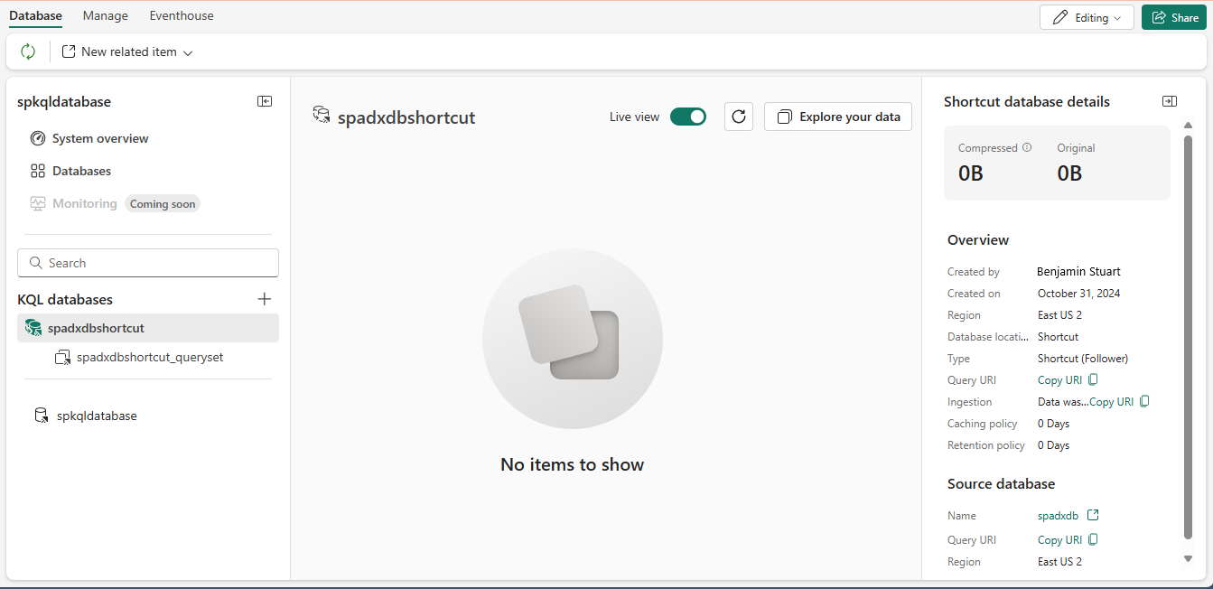 Screenshot that shows the Database details page.