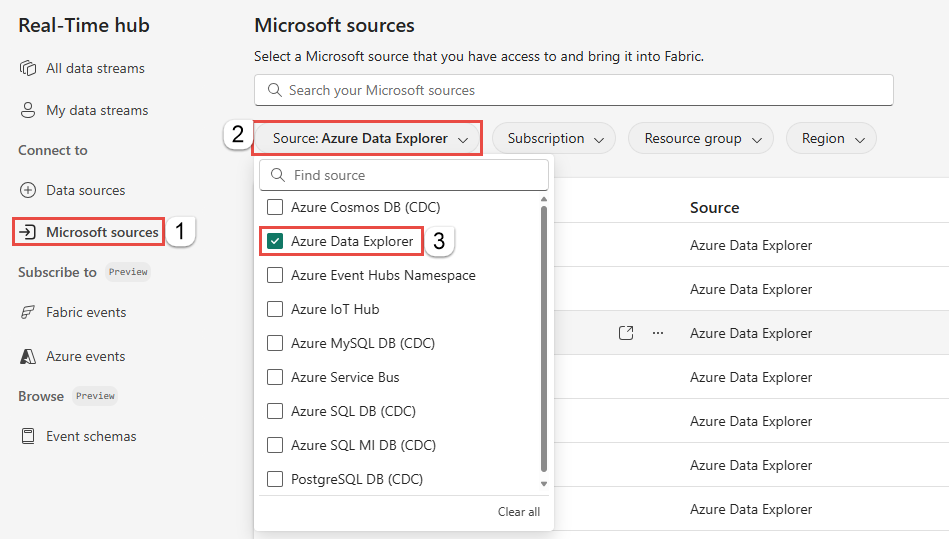 Screenshot that shows the selection of Azure Data Explorer on the Microsoft sources page.