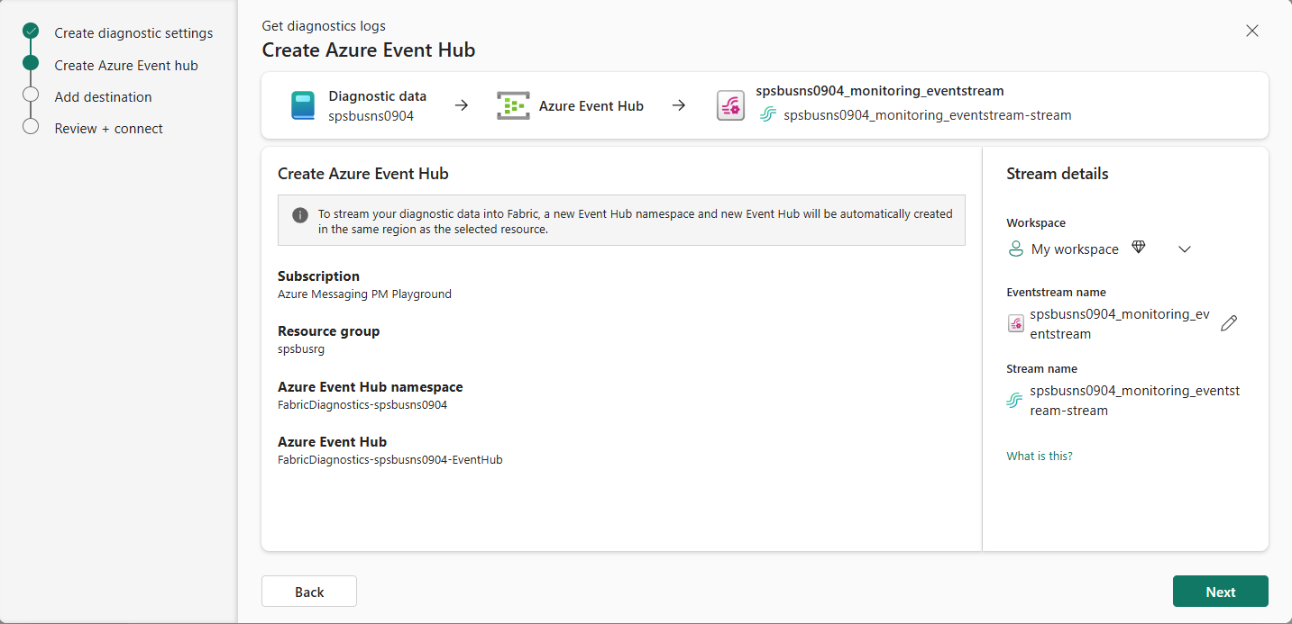 Screenshot of the Create Azure event hub page.