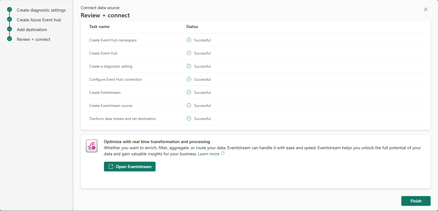 Screenshot of the Review + connect page after resources are created.